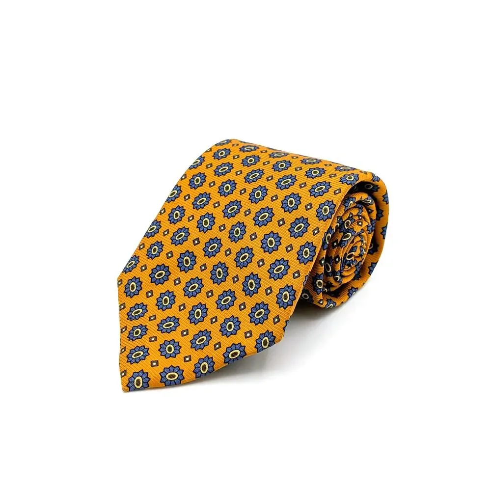 Vintage 90s Lands End Silk Jacquard Tie Geometric Medallion Gold Blue Y2K Preppy
